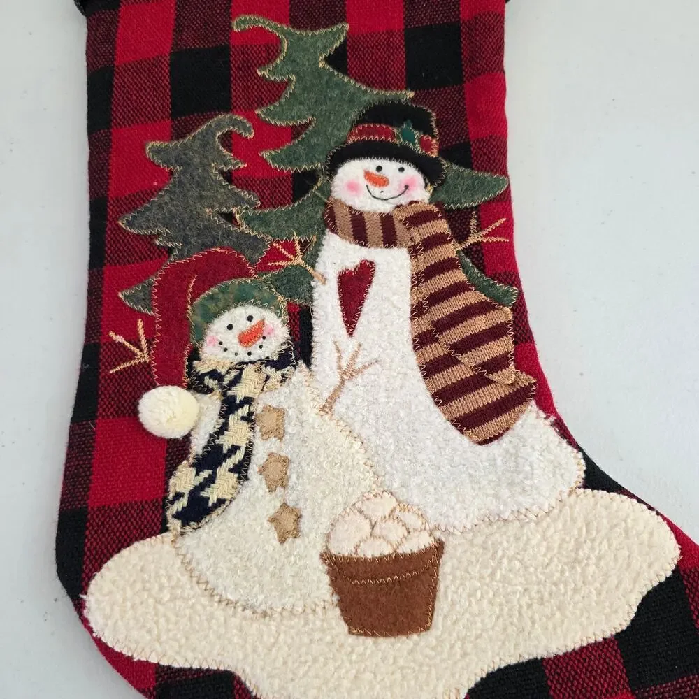 Plaid Christmas Stockings Set of 2 Snowman Applique Faux Fur Rustic Farmhouse